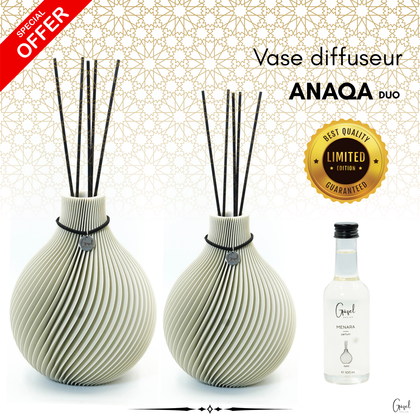 Kit Diffuseur - Vase Parfum ANAQA avec parfum d'ambiance luxueux et bâtonnets de senteur