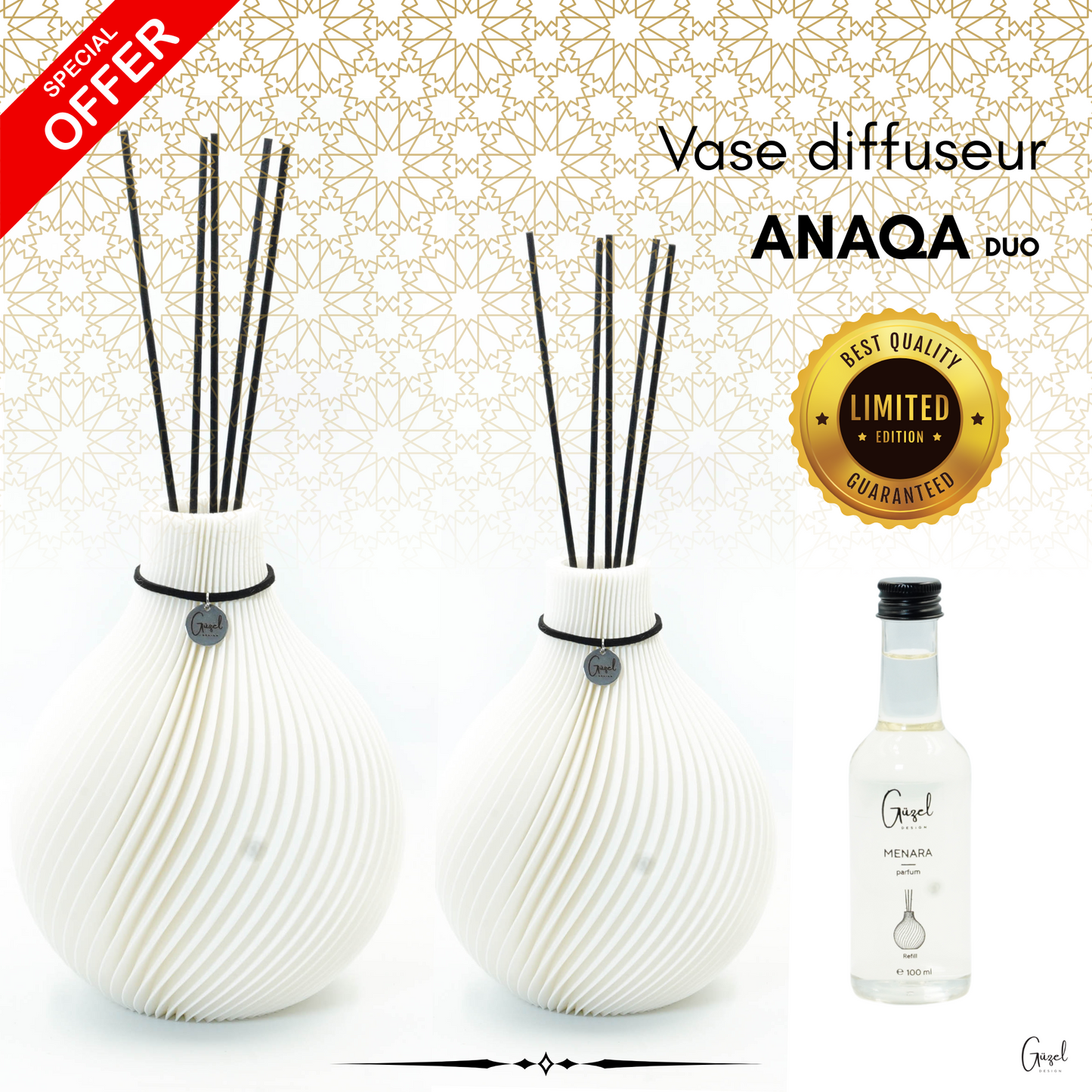Kit Diffuseur - Vase Parfum ANAQA avec parfum d'ambiance luxueux et bâtonnets de senteur