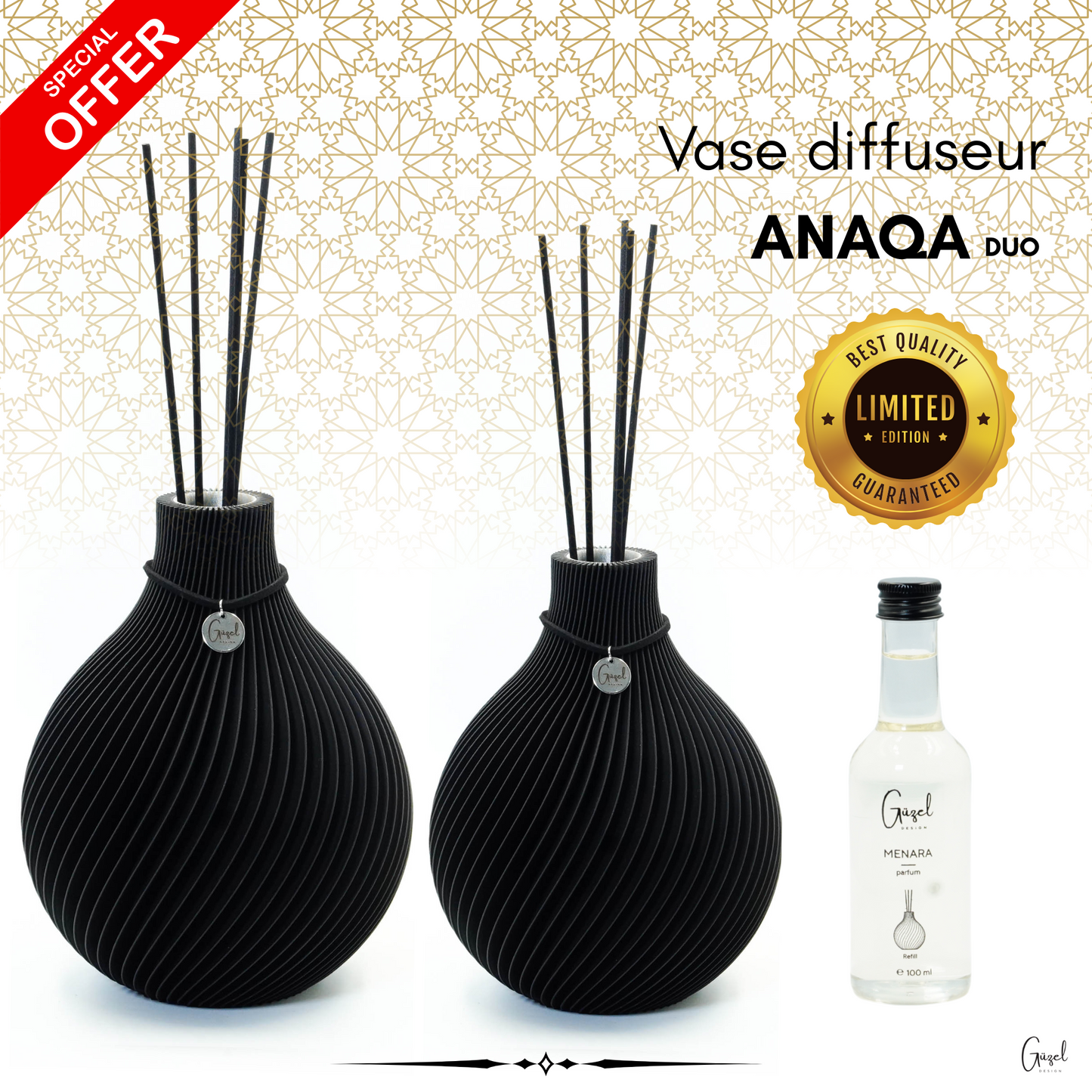 Kit Diffuseur - Vase Parfum ANAQA avec parfum d'ambiance luxueux et bâtonnets de senteur